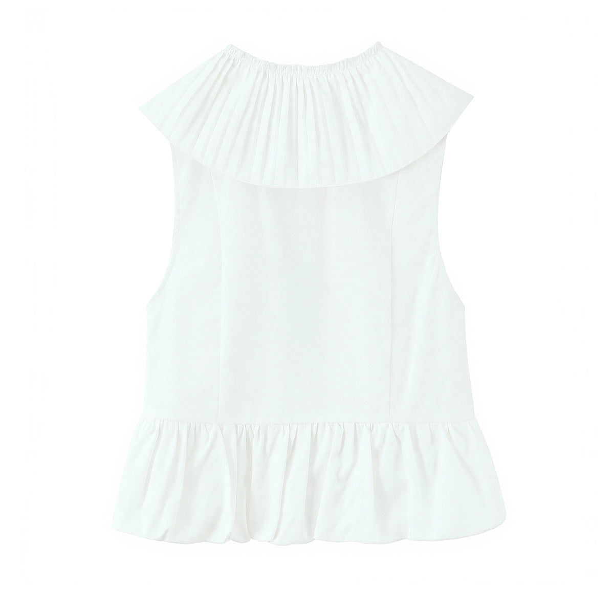 Women white pleated large collar ruffle hem sleeveless waist cinched vest blouse, sweet elegant casual top

