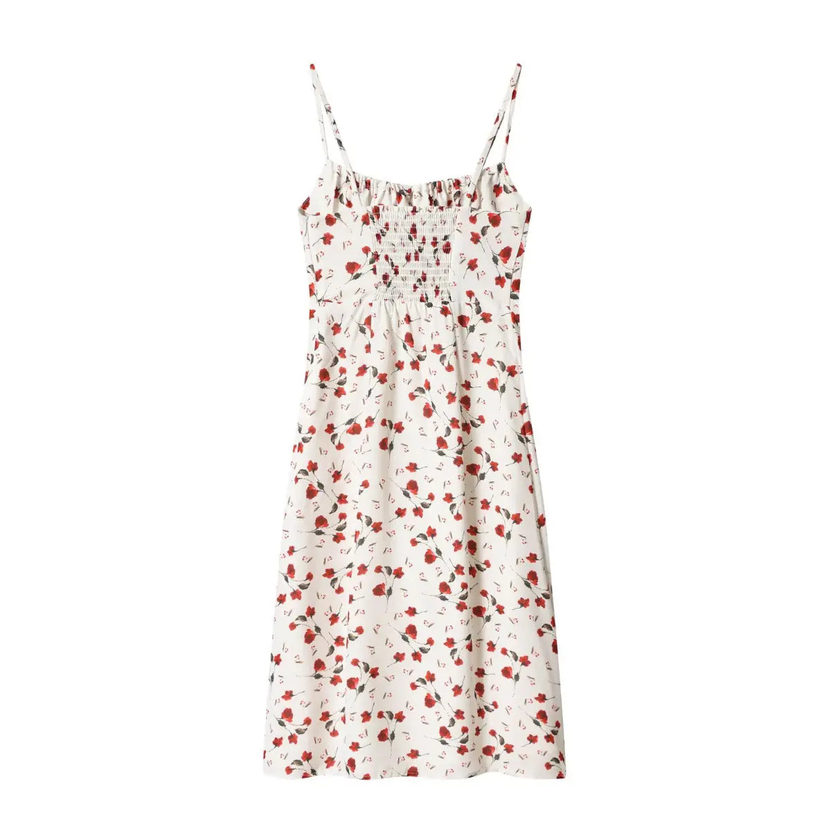 White cami midi dress with red floral print, full back view on white background