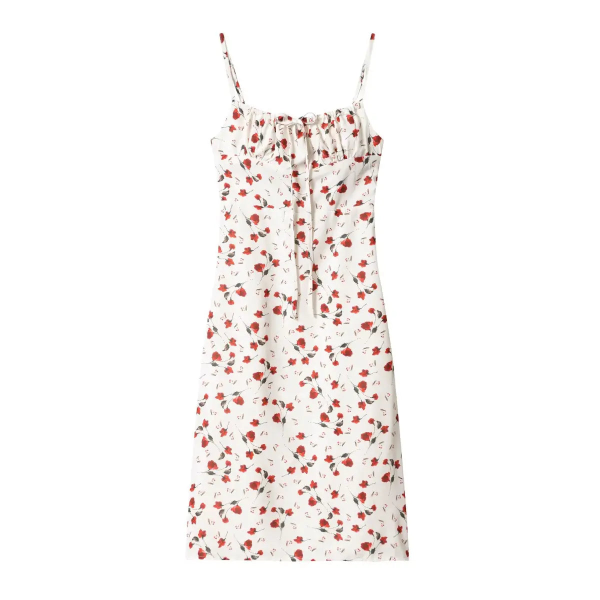 White cami midi dress with red floral print, full front view on white background