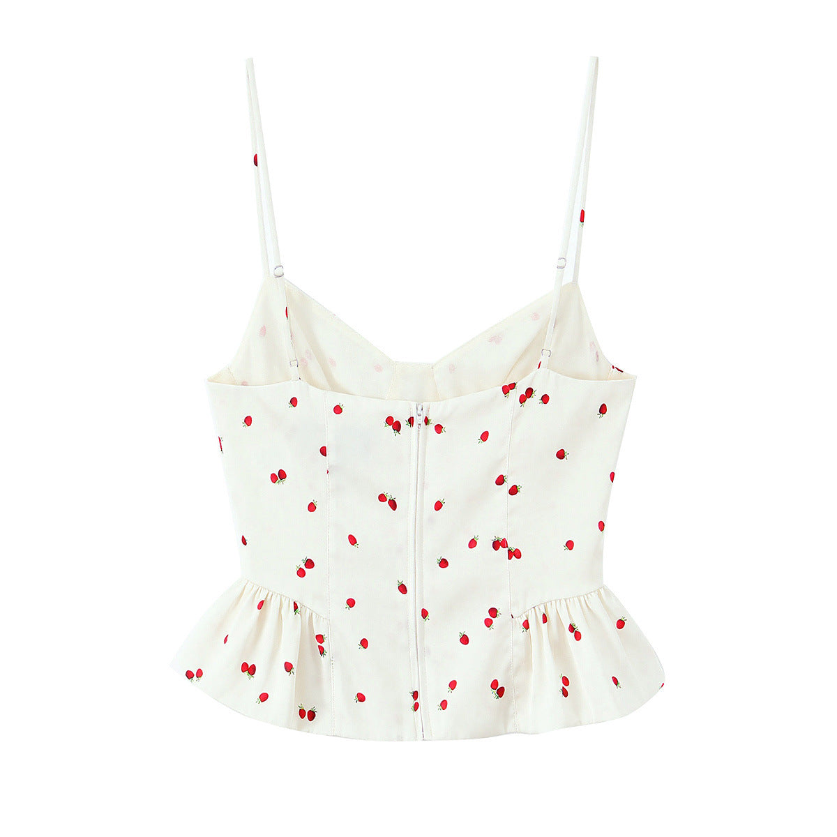 Back flat view white strawberry print back zipper adjustable thin strap seamed corset ruffle hem slim crop cami top, sweet cute casual blouse