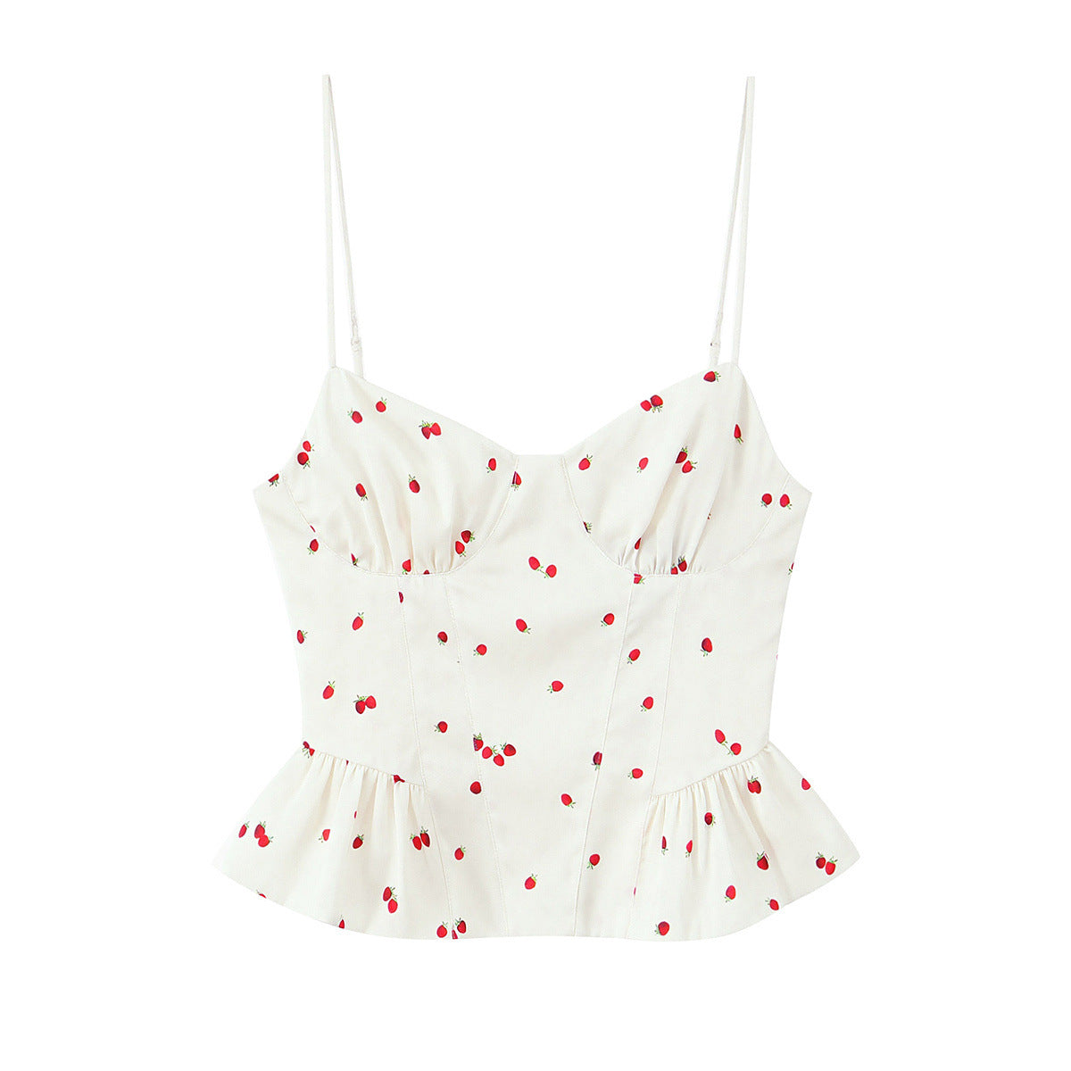 Front flat view white red strawberry fruit print sweetheart neck vertical panel seamed corset ruffle hem thin strap slim fitted crop cami tank top, sweet cute casual vacation blouse