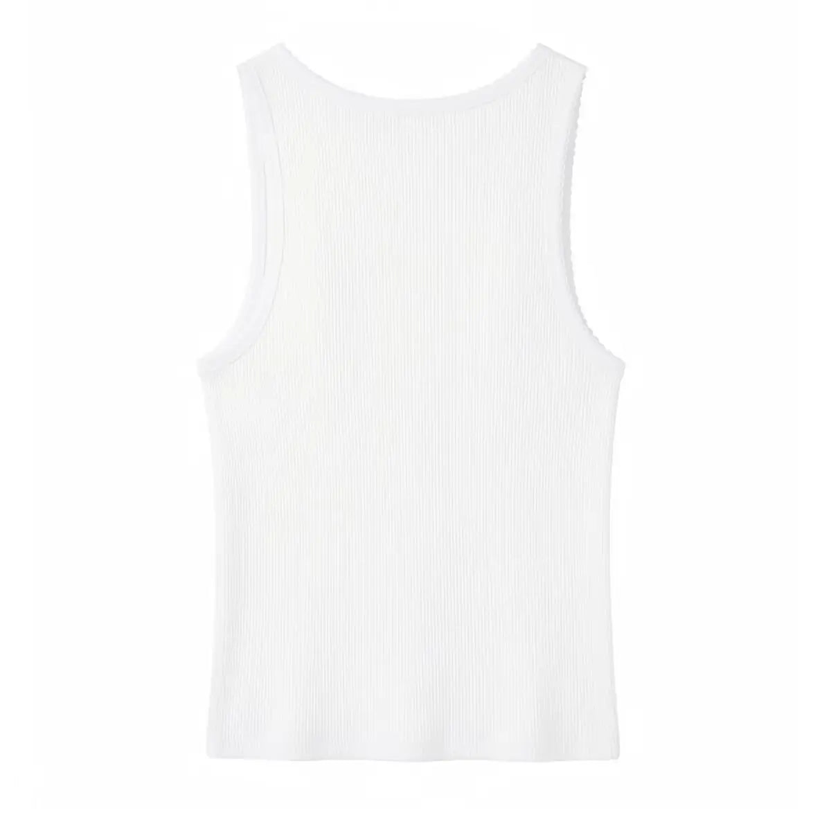 Back view of white ribbed tank top with solid knit back and wide straps
