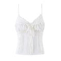 White ruffled cami corset top, front view on hanger