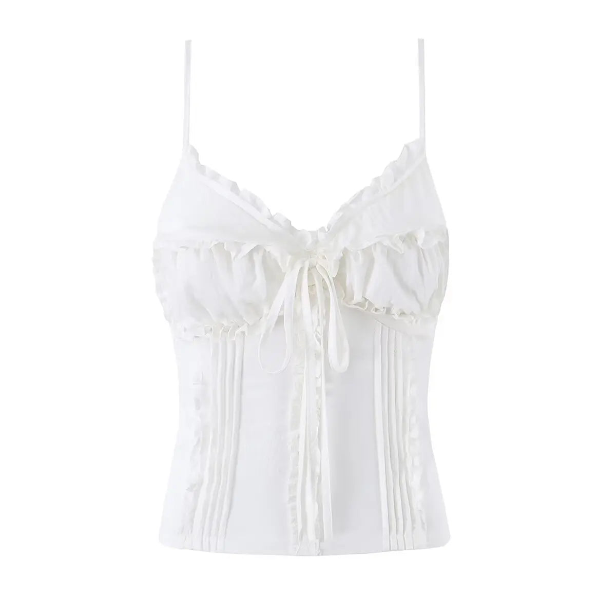 White ruffled cami corset top, front view on hanger