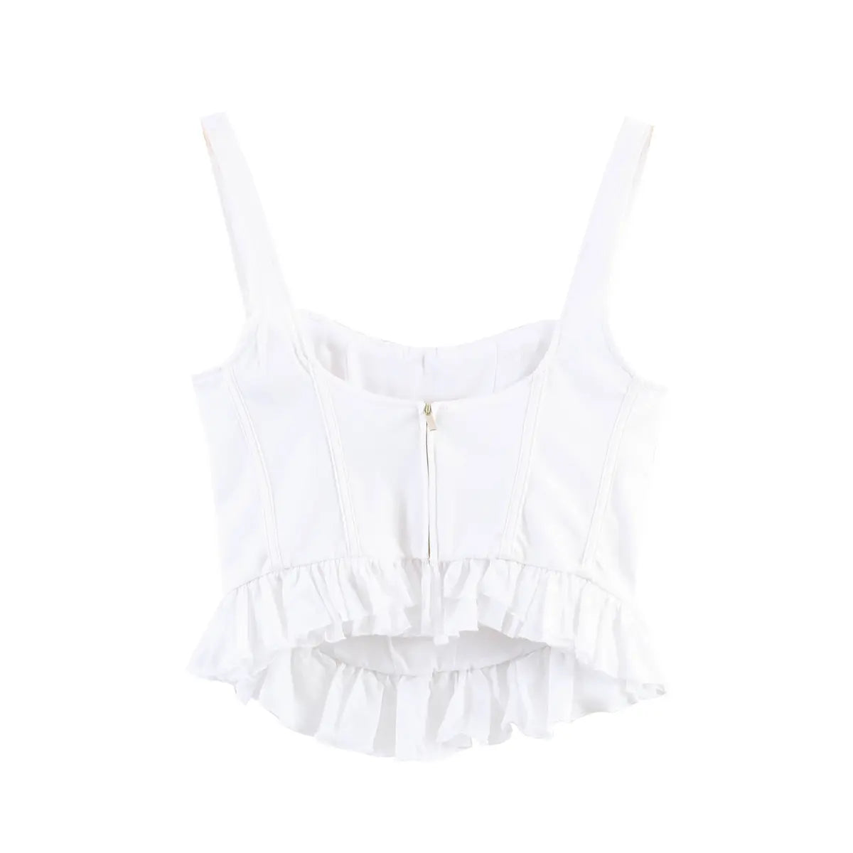 Back view of white corset cami top with center zipper closure and layered ruffled hem