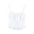 Front view of white corset-style cami top with ruffled trim, tie detail and structured boning