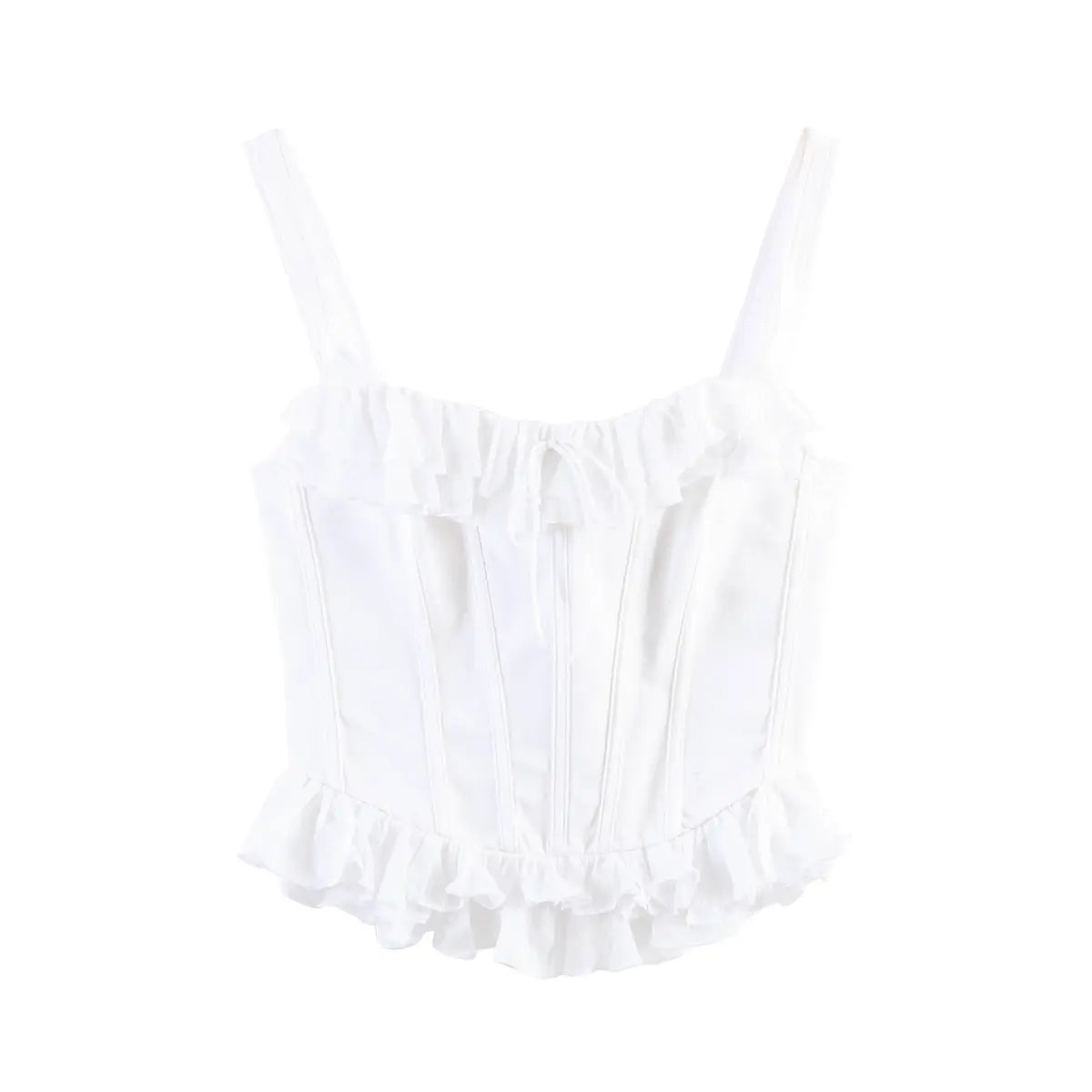 Front view of white corset-style cami top with ruffled trim, tie detail and structured boning