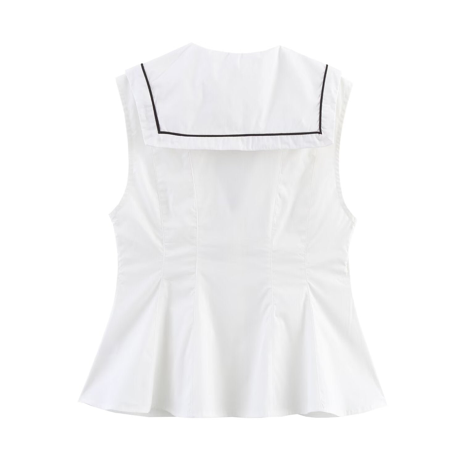 Back view of white sleeveless top with black contrast piping and peplum silhouette
