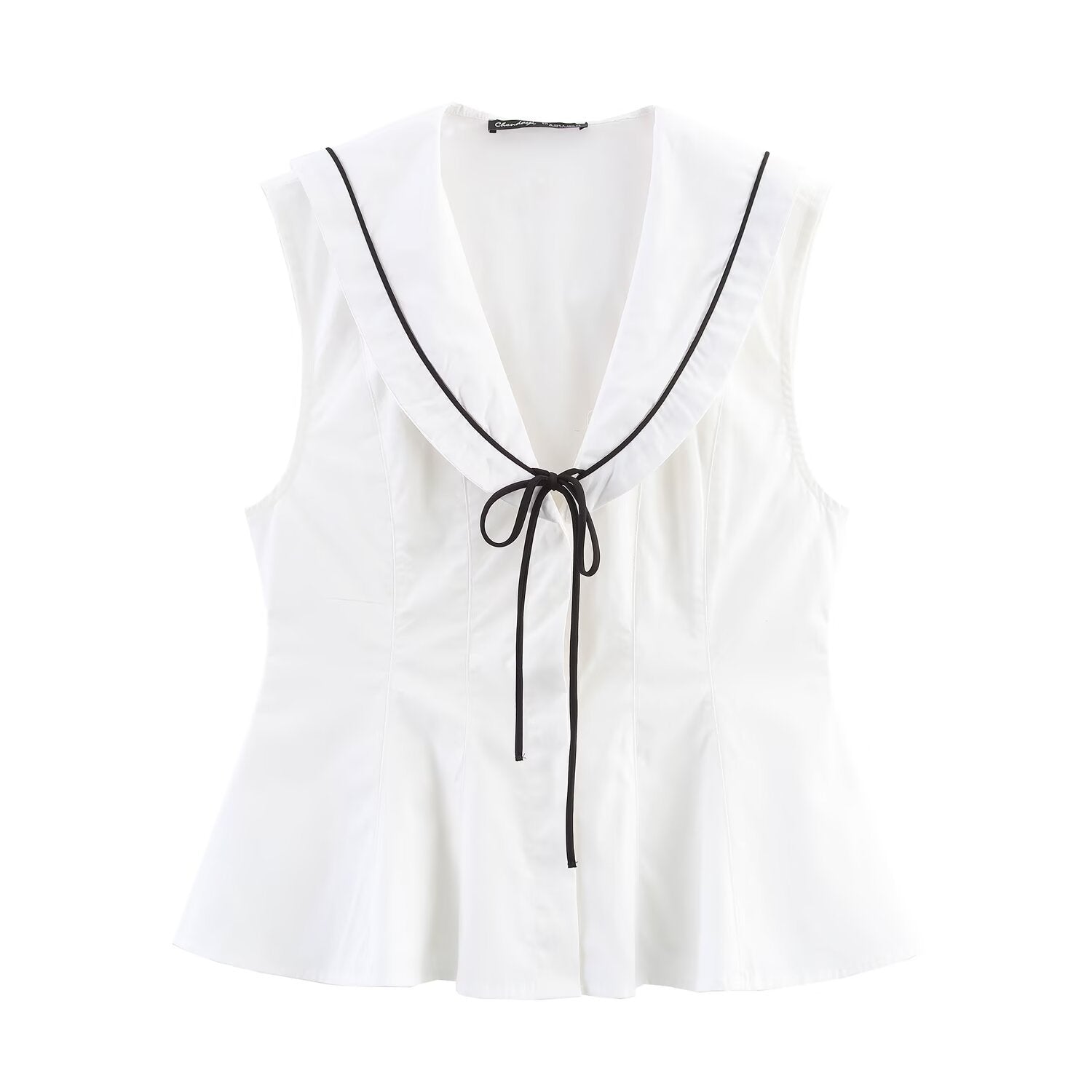 Front view of white sleeveless top with black contrast piping, sailor collar, and peplum hem