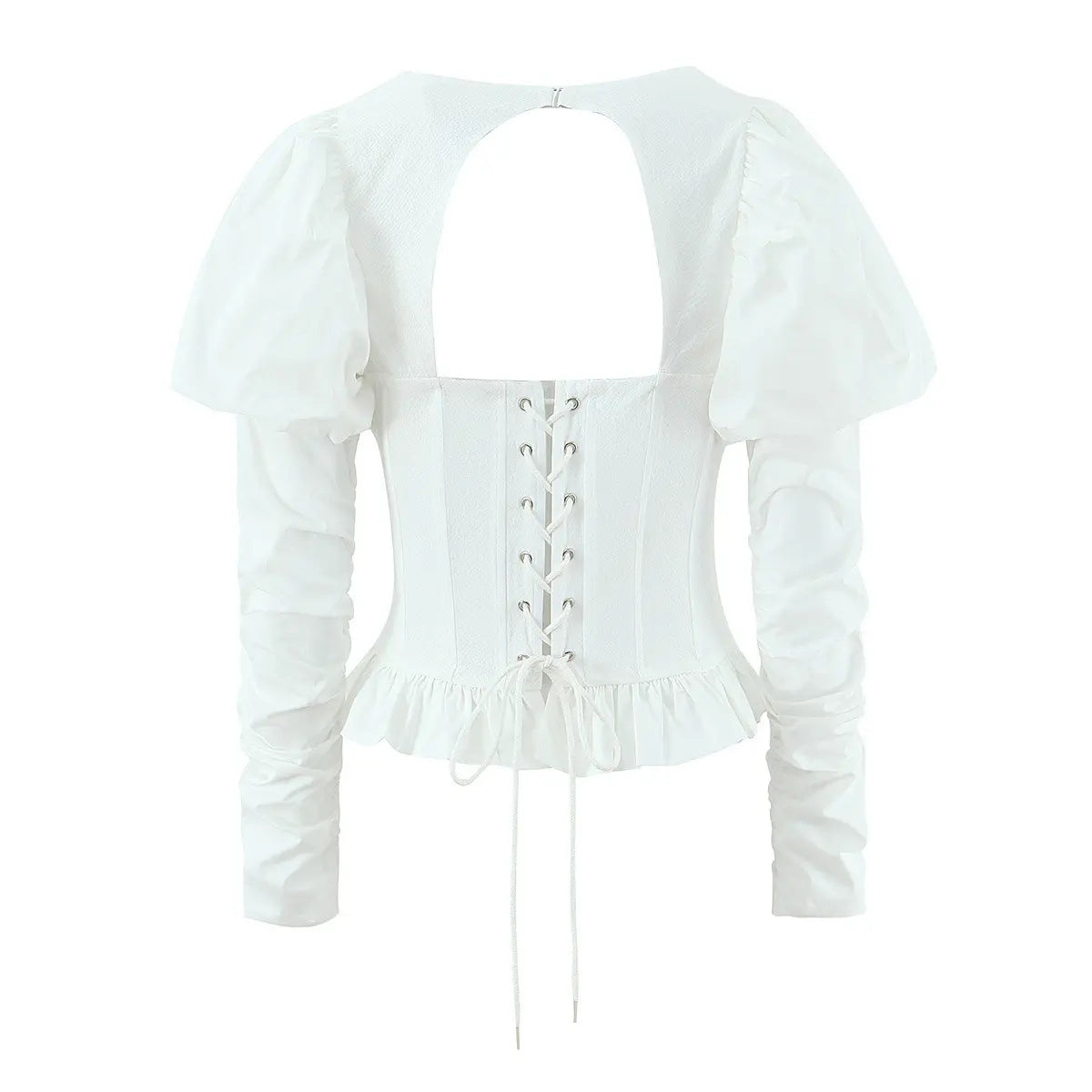 White square-neck bustier top, back view with lace-up closure on white background