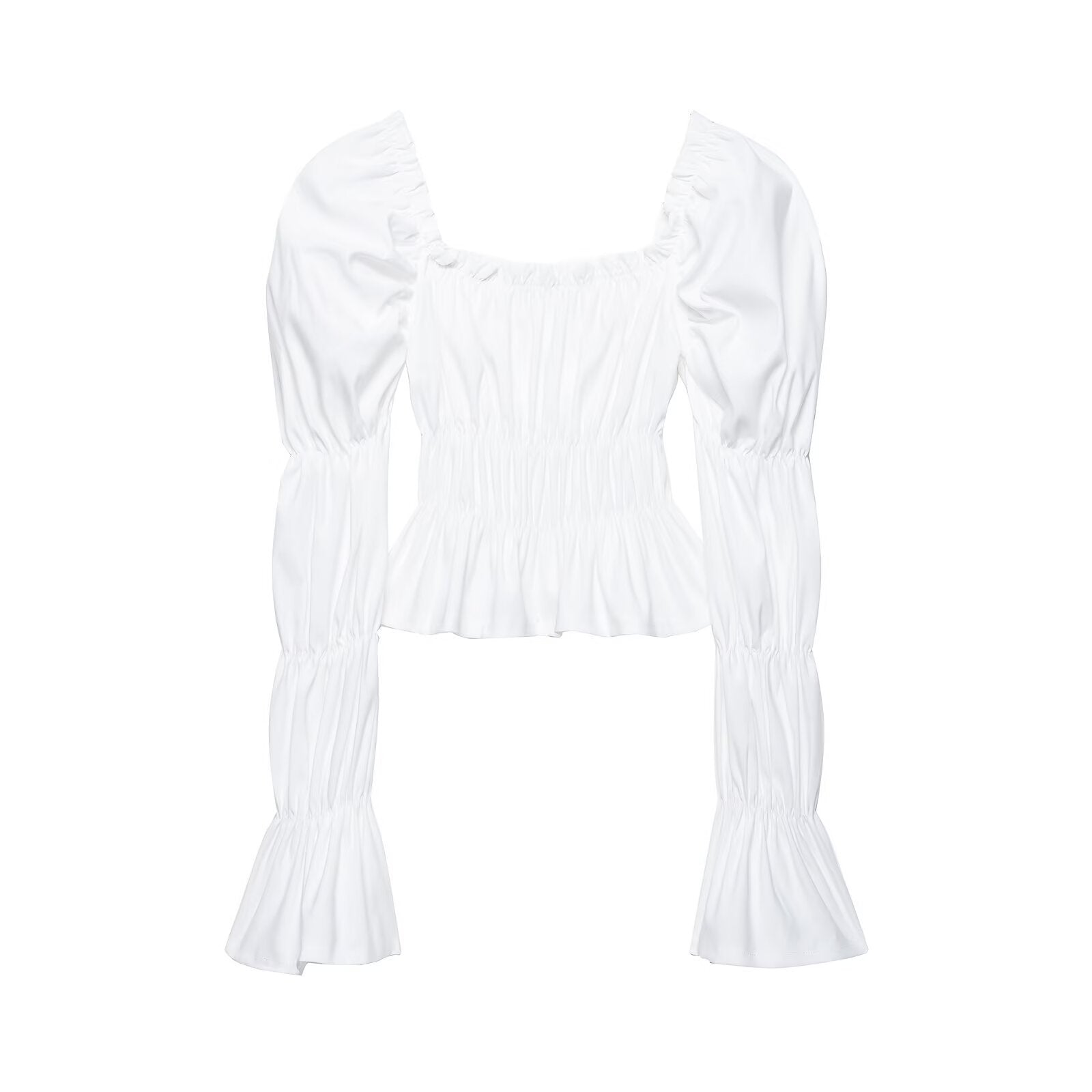 Back flat view white square-neck puff-sleeve smocked cropped blouse, women's elegant long-sleeve peplum top