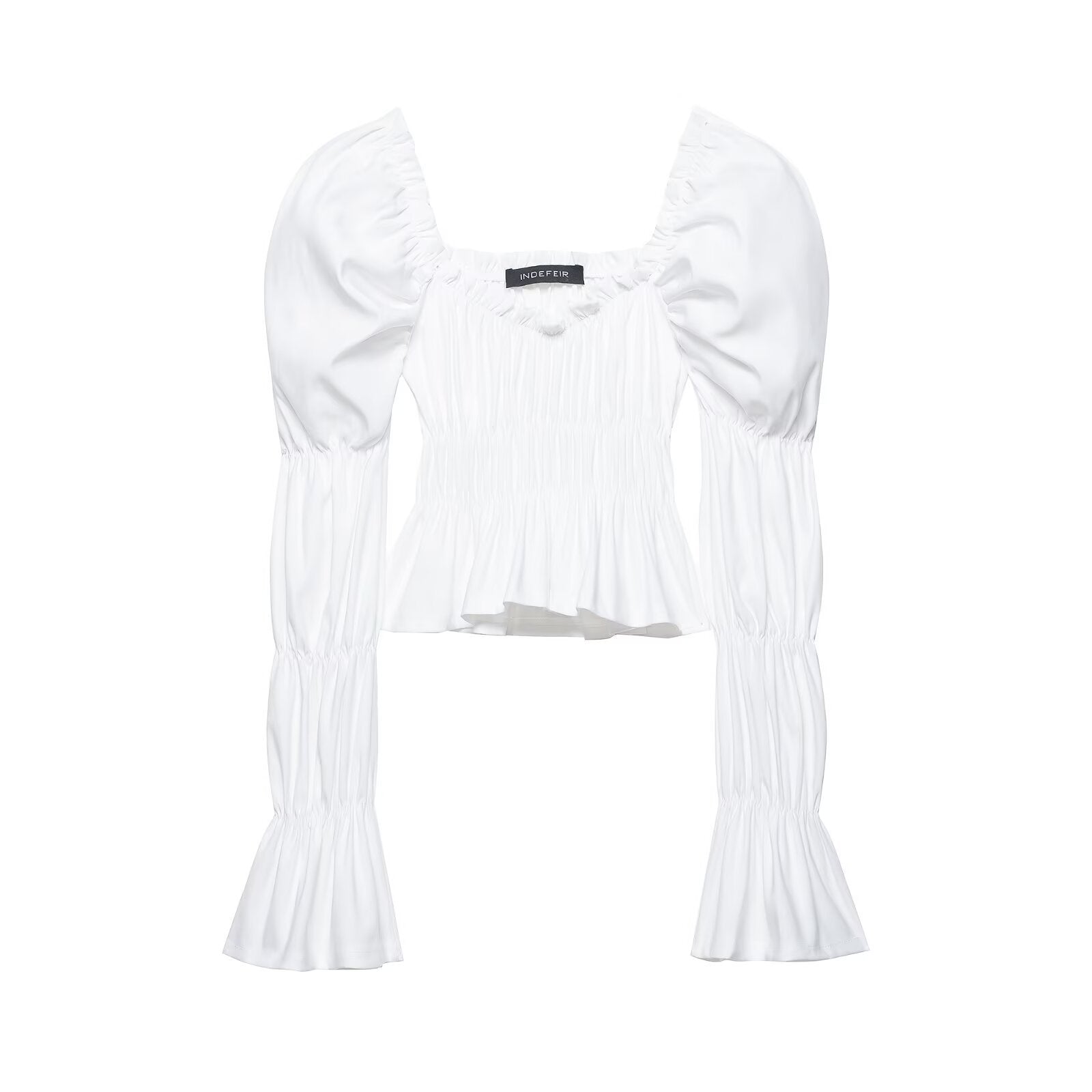 Front flat view white square-neck puff-sleeve smocked cropped blouse with ruffle trim, romantic women's top