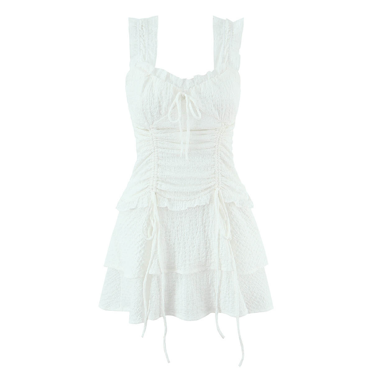 Front flat view white textured ruffle-strap tiered mini dress with drawstring details, women's romantic party outfit