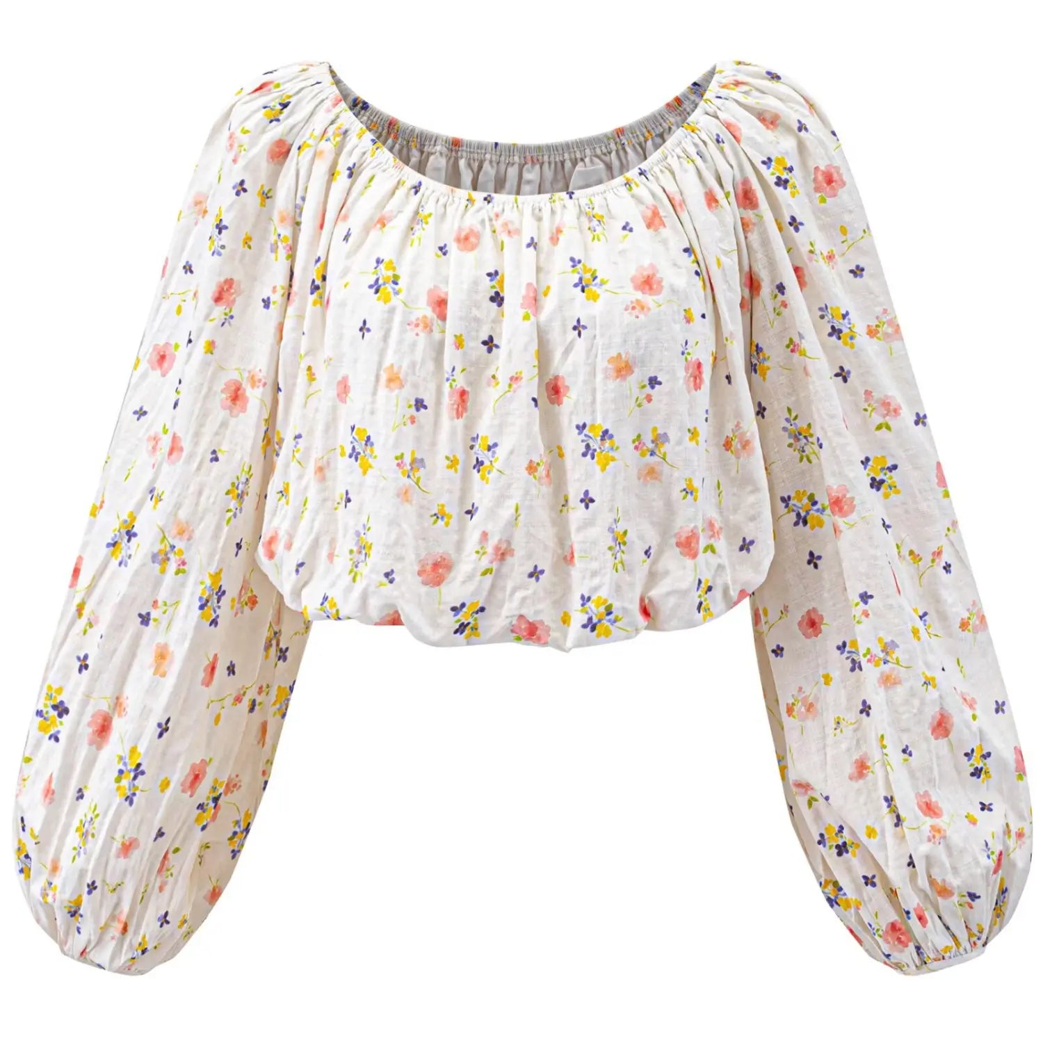  Studio white background full front shot of cream base watercolor floral off shoulder cropped blouse, elastic gathered boat neck, long bubble balloon sleeves