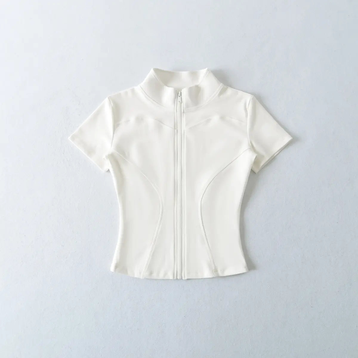 Front view of white zip-up cropped t-shirt