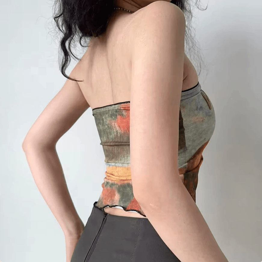 Side back view wild west vintage cowgirl print strapless mesh tube top, lace wavy hem slim retro y2k casual camisole