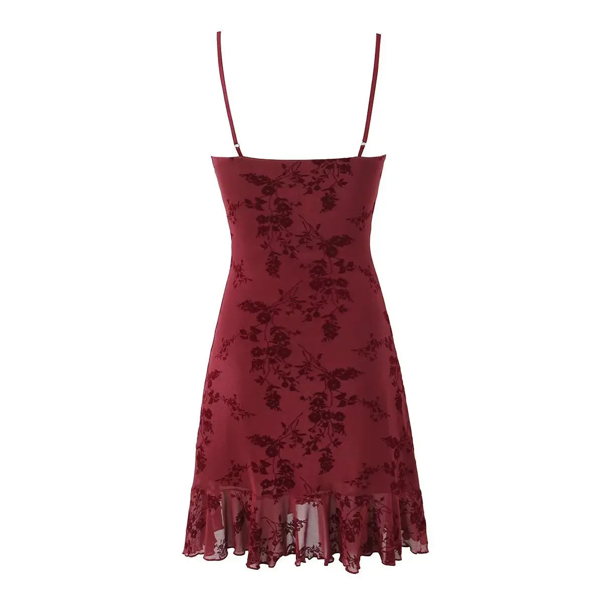 Back view of wine red floral flocked cami mini dress with ruffled hem