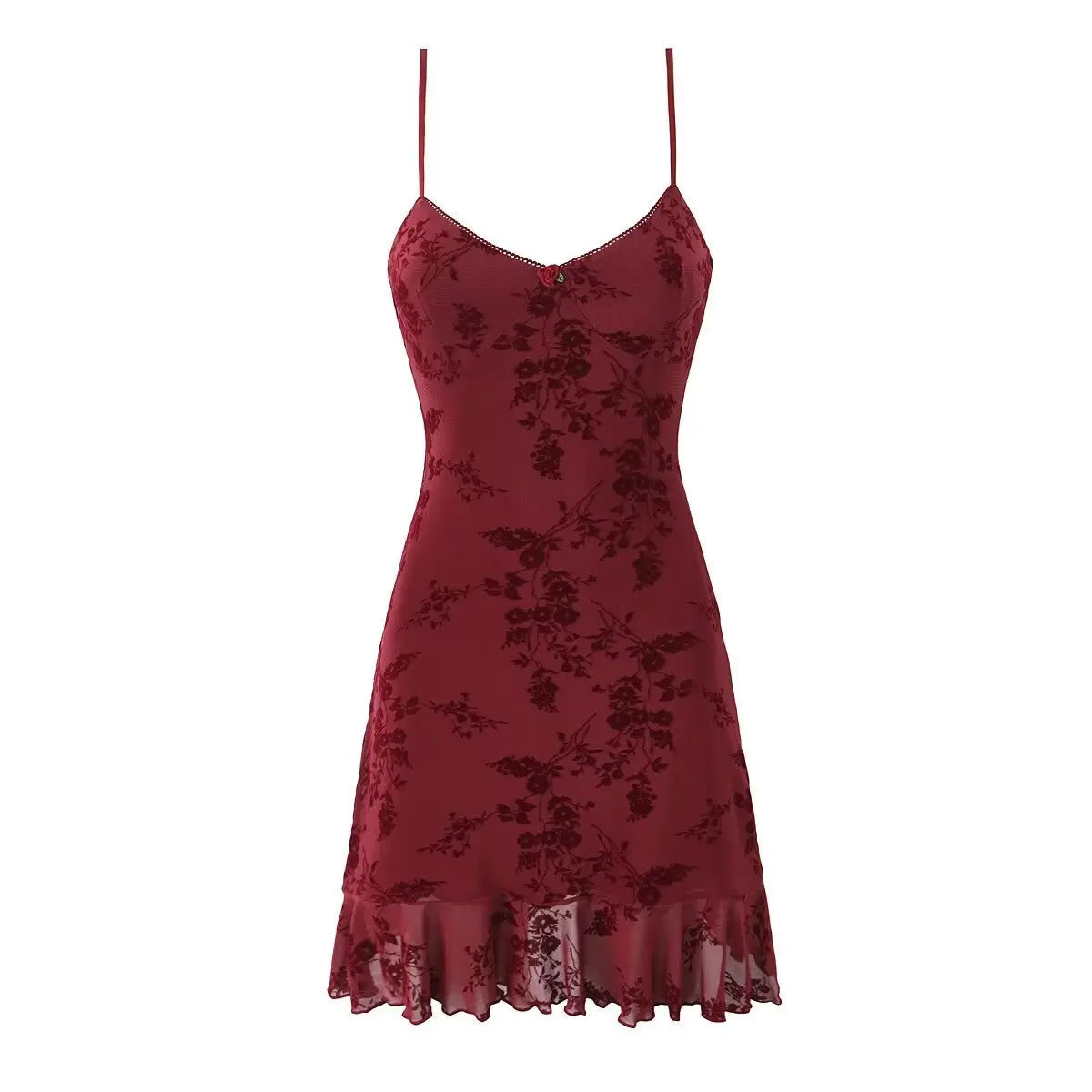 Front view of wine red floral flocked cami mini dress with ruffled hem