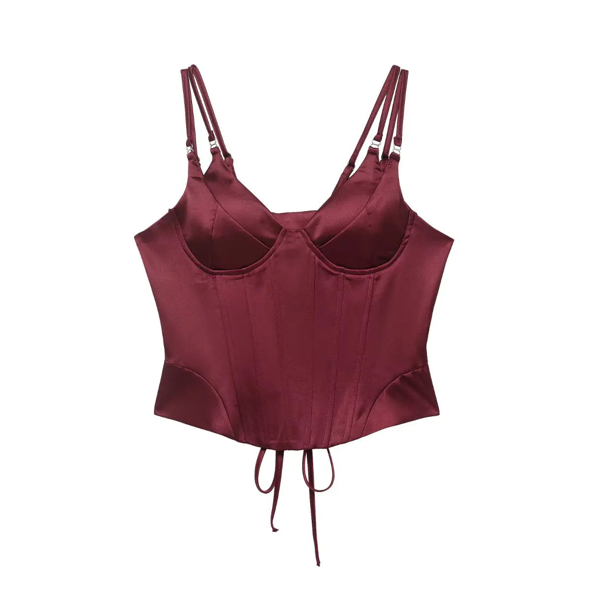 Wine red satin corset top with double straps and lace-up back