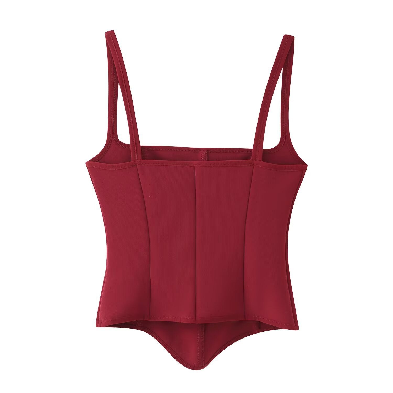 Back flat view wine red square neck thin strap vertical seamed corset pointed hem slim fitted crop cami tank top, elegant chic casual blouse