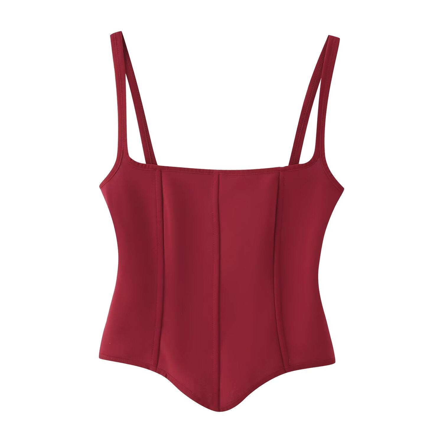 Front flat view wine red solid square neck thin strap vertical panel seamed corset pointed hem stretchable slim crop cami top, elegant chic basic casual blouse