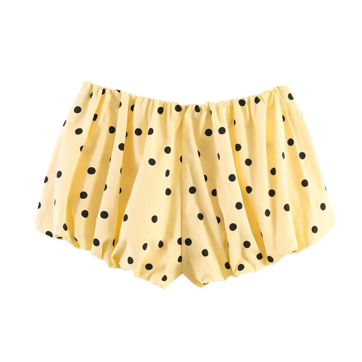 Back view of yellow black polka dot balloon shorts with bubble hem