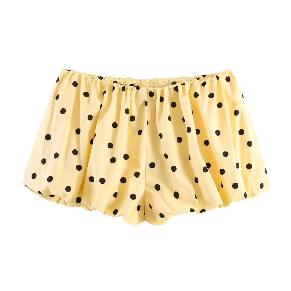 Front view of yellow black polka dot balloon shorts with elastic waist