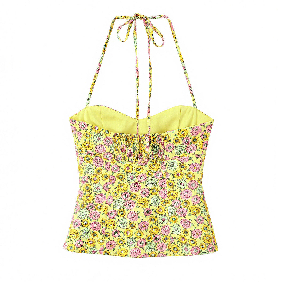 Back flat view yellow colorful floral print halter self tie back sweetheart neck slim fitted crop cami top, elegant sweet vintage casual blouse