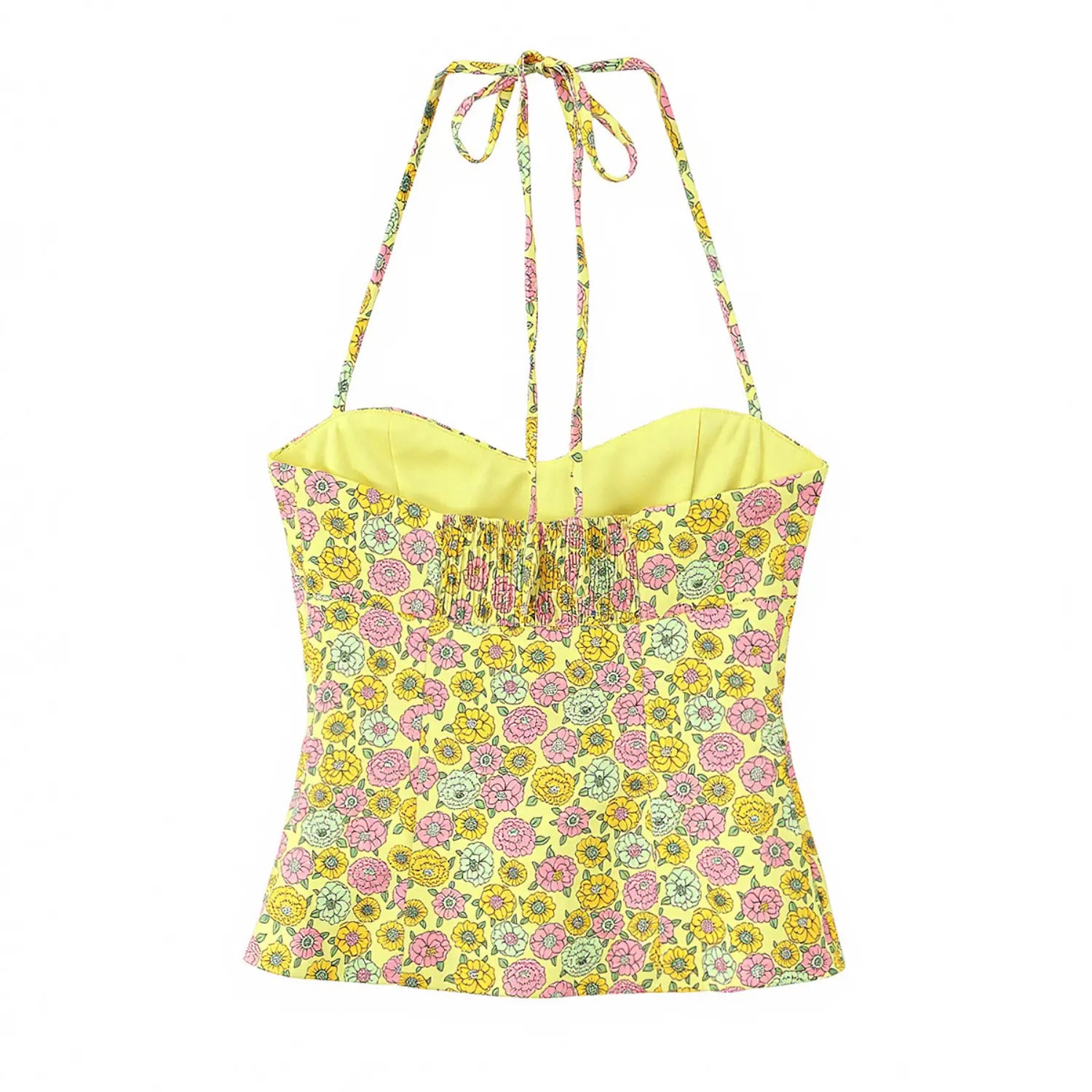 Yellow vintage floral print halter cami top with smocked back panel, isolated back view