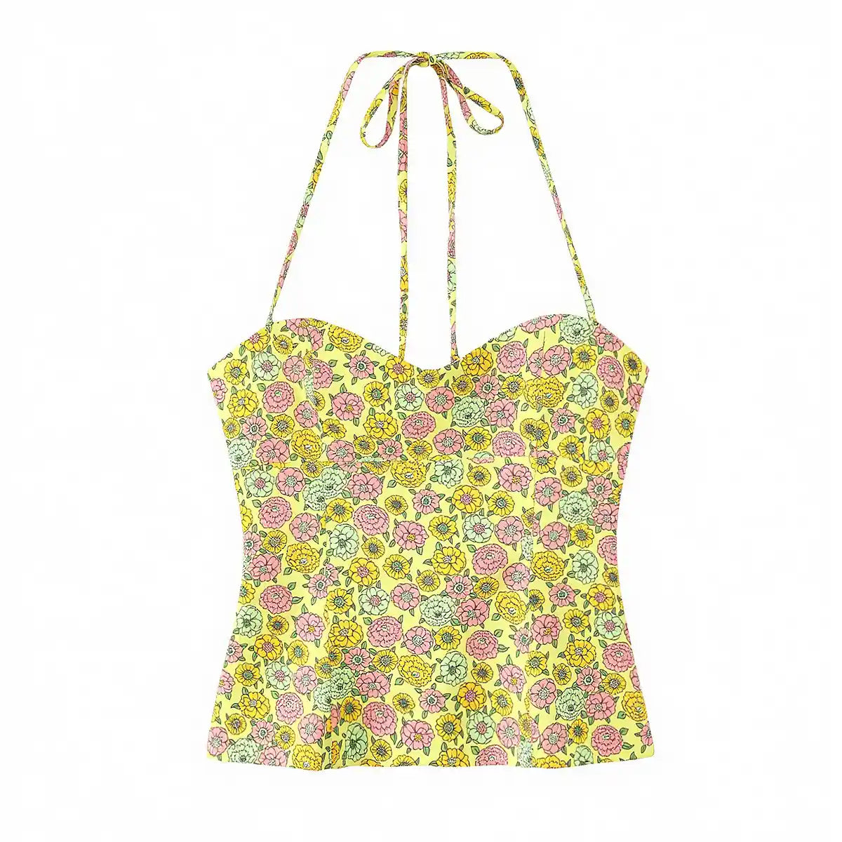 Yellow base vintage floral print halter cami top with tie neck, isolated flat view