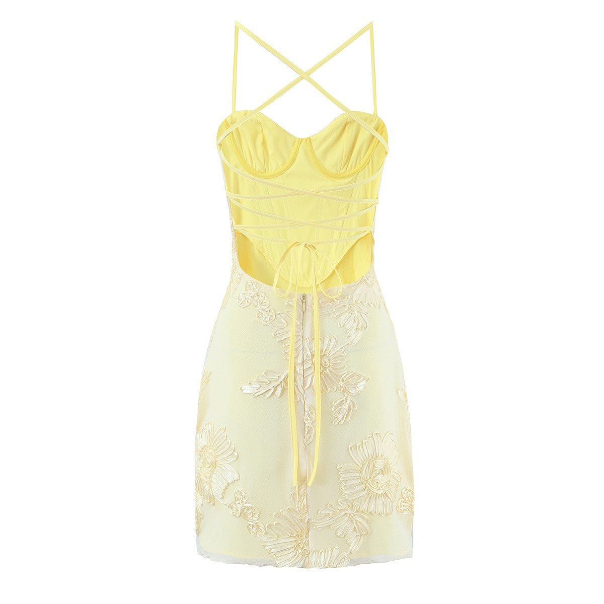 Flat back shot yellow floral embroidered mesh backless crisscross strap corset tie back mini dress, elegant feminine party cocktail dress