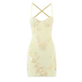 Flat front shot yellow floral embroidered mesh bustier crisscross strap bodycon mini dress, elegant feminine summer party dress