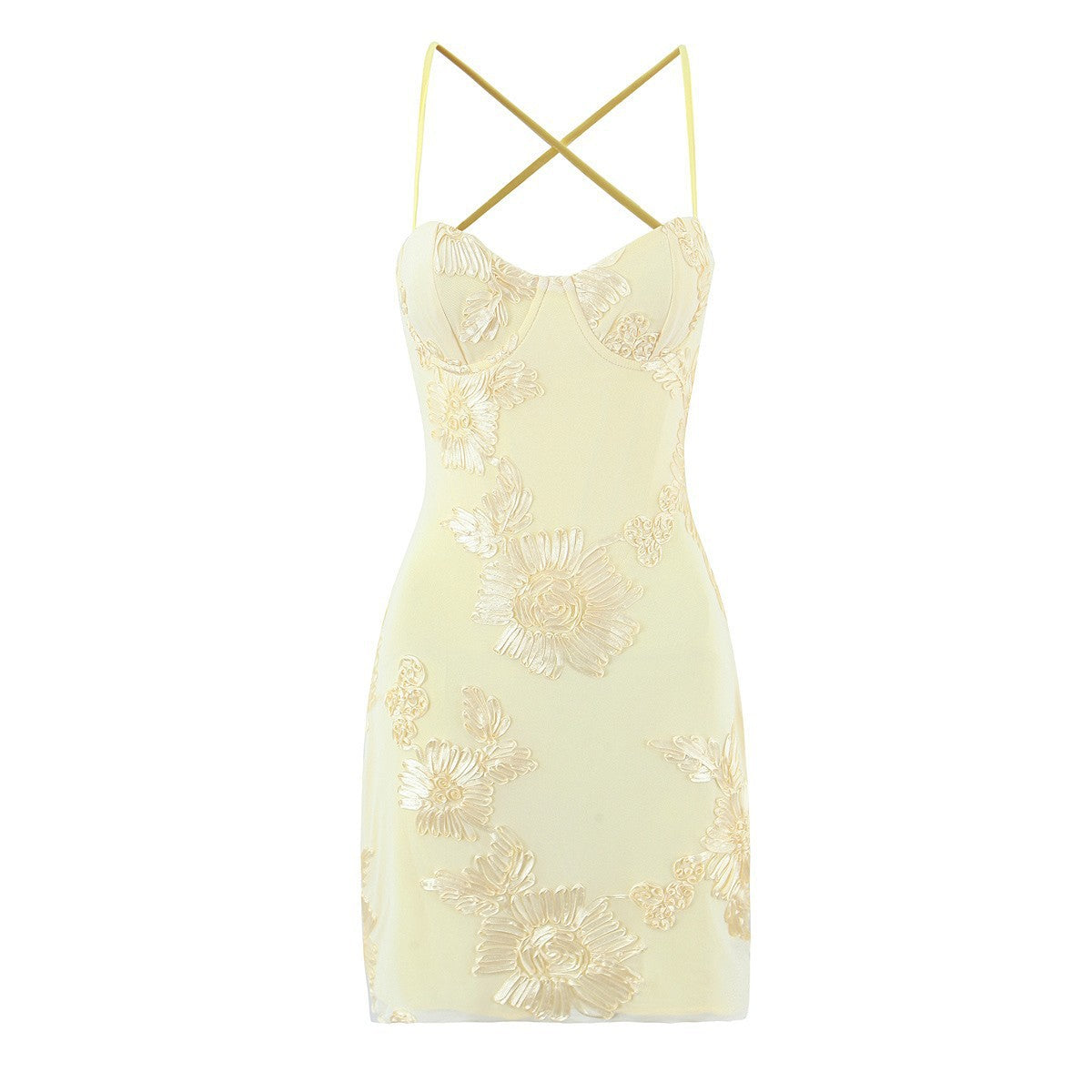 Flat front shot yellow floral embroidered mesh bustier crisscross strap bodycon mini dress, elegant feminine summer party dress