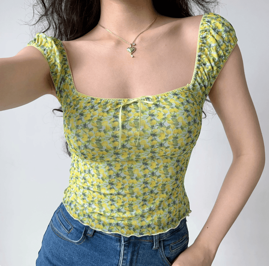 Women yellow green floral print puff short sleeve square neck tie front crop top, ruffle hem slim fit casual vintage fitted blouse