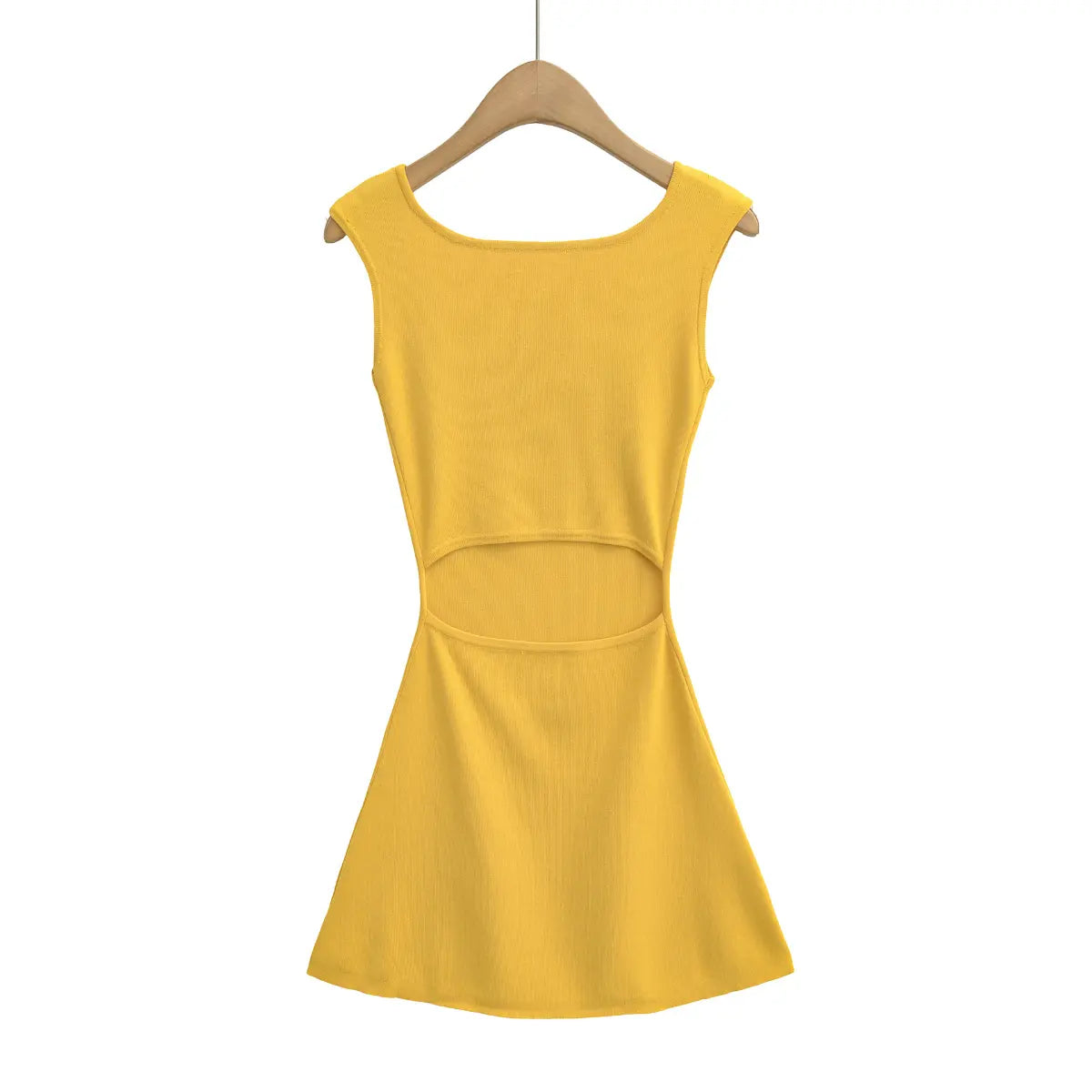 Back view of yellow knit dress with square neckline and fitted waist detail
