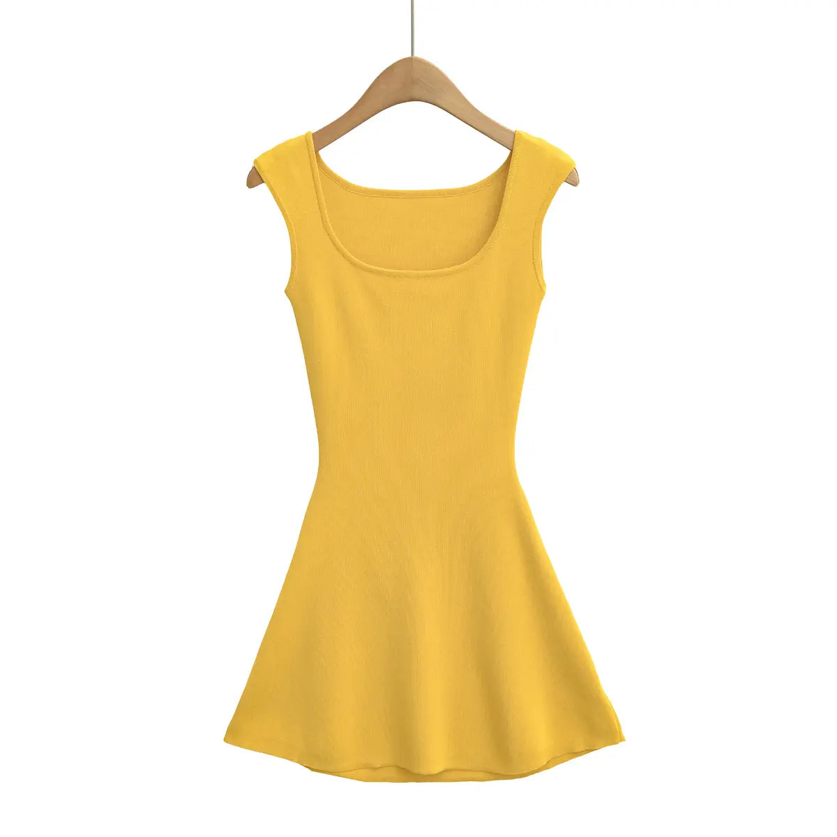 Hanger view of yellow knit dress showing the square neckline and flared hem silhouette