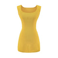 Front view of yellow knit sleeveless dress with ribbed fabric and bodycon fit through the waist