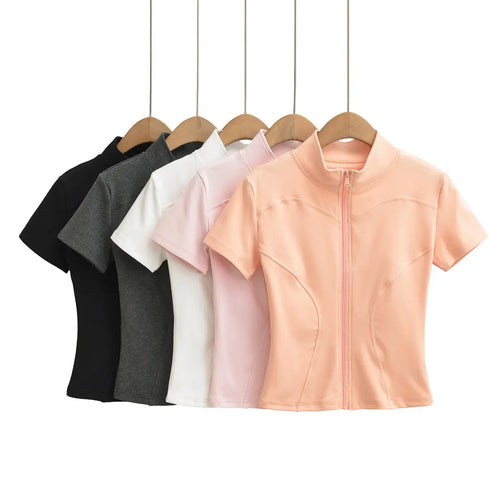 Zip-up cropped t-shirt in multiple colorways: black, gray, white, pink, peach