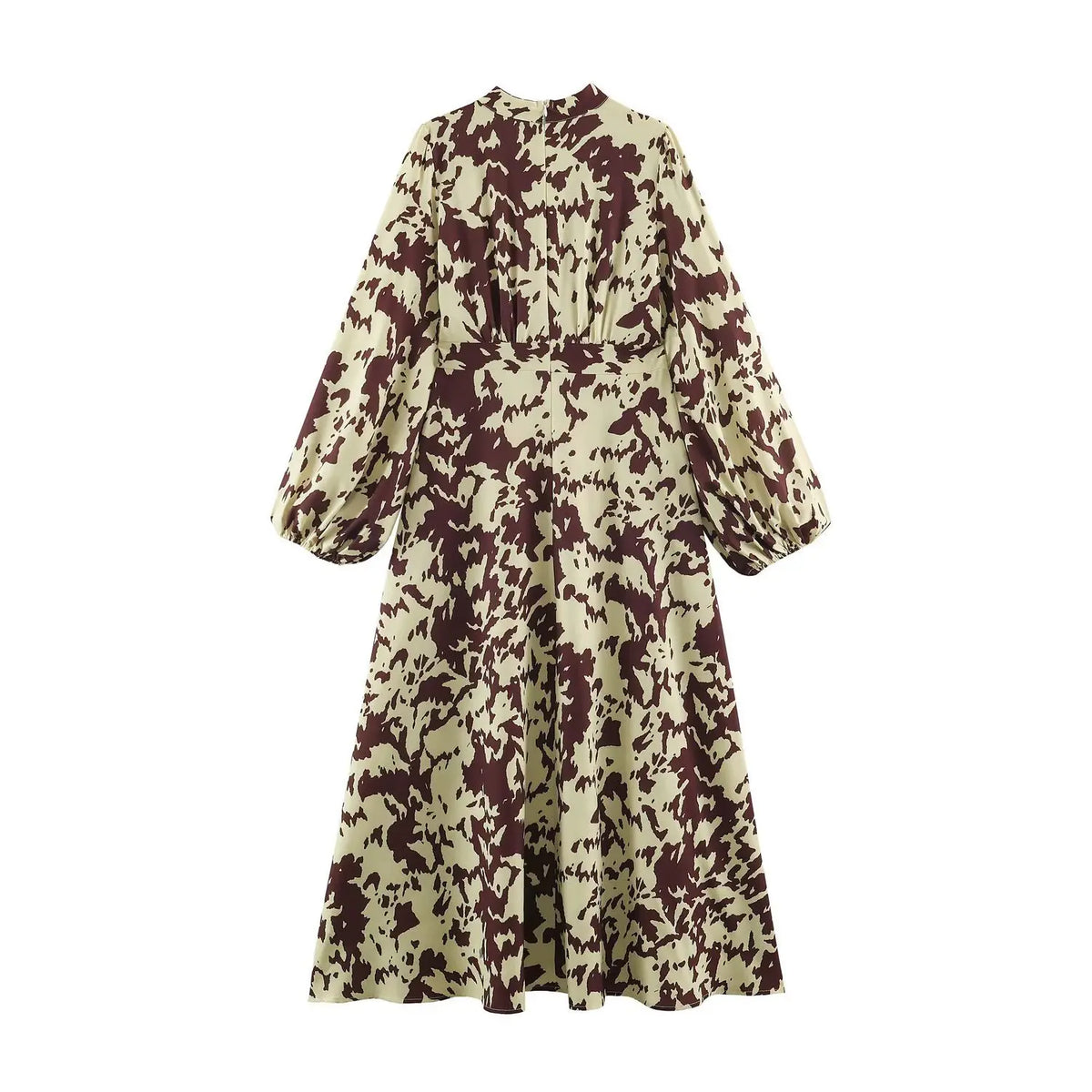 Abstract animal print pleated bodice midi dress, back flat lay