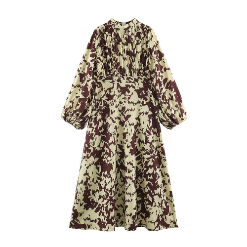 Abstract animal print pleated bodice midi dress, front flat lay