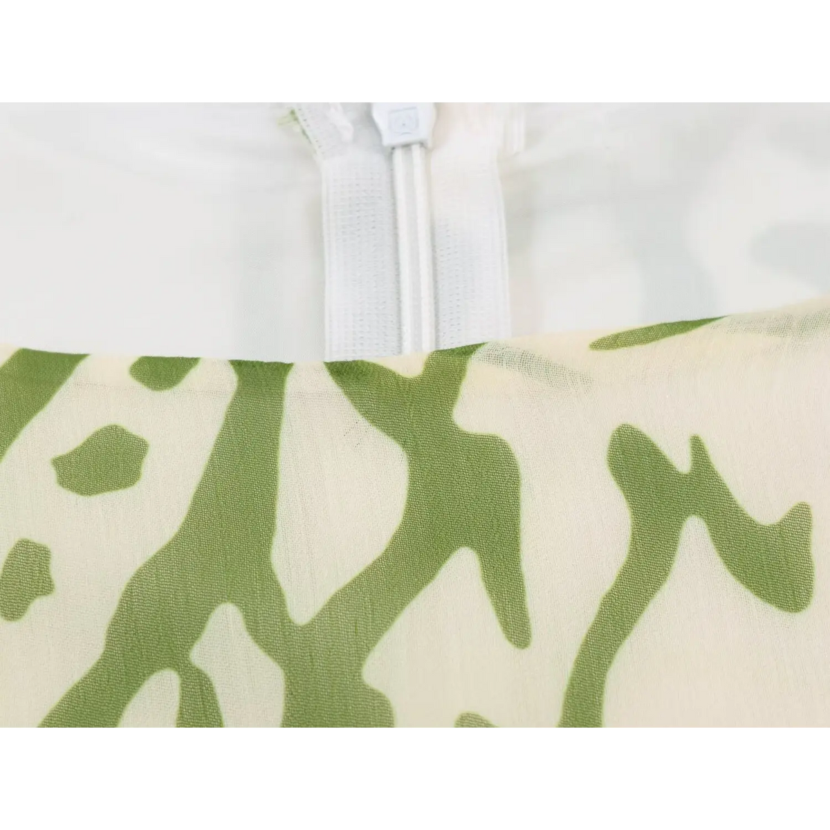 Close-up of back zipper and leaf print