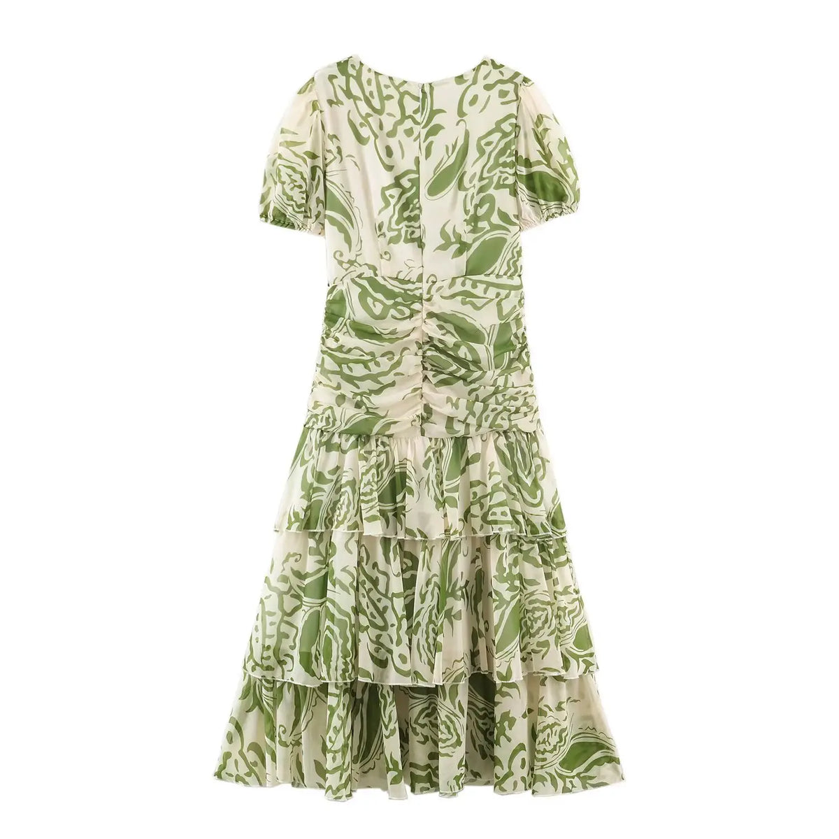 Back flat lay of leaf print tiered maxi dress with back zip