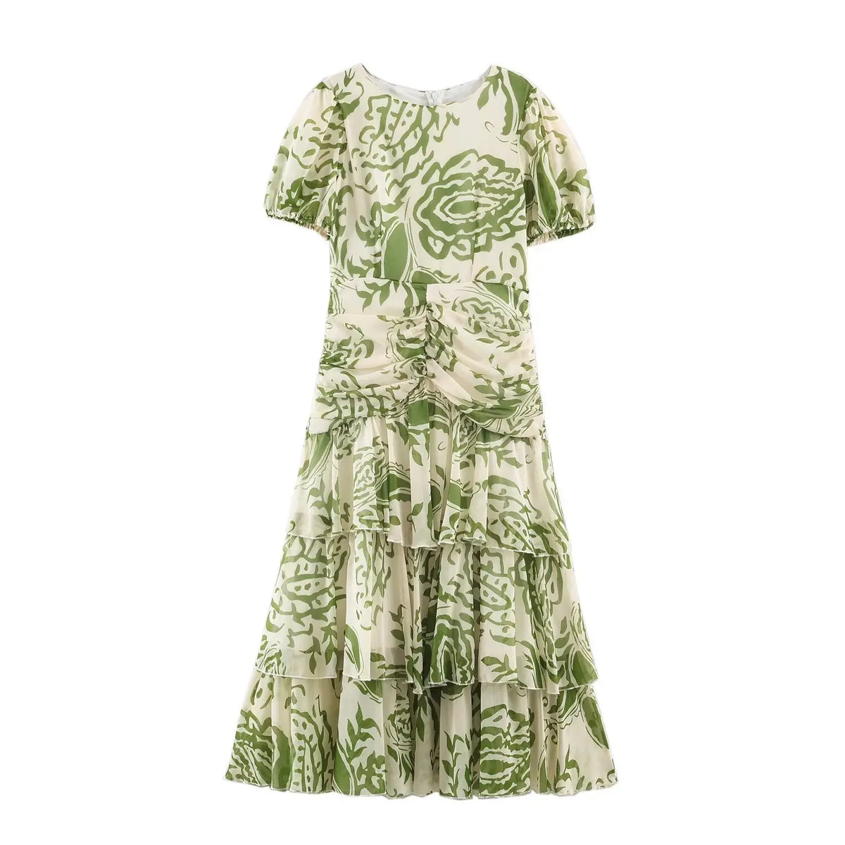 Front flat lay of cream abstract green leaf print puff sleeve tiered maxi dress