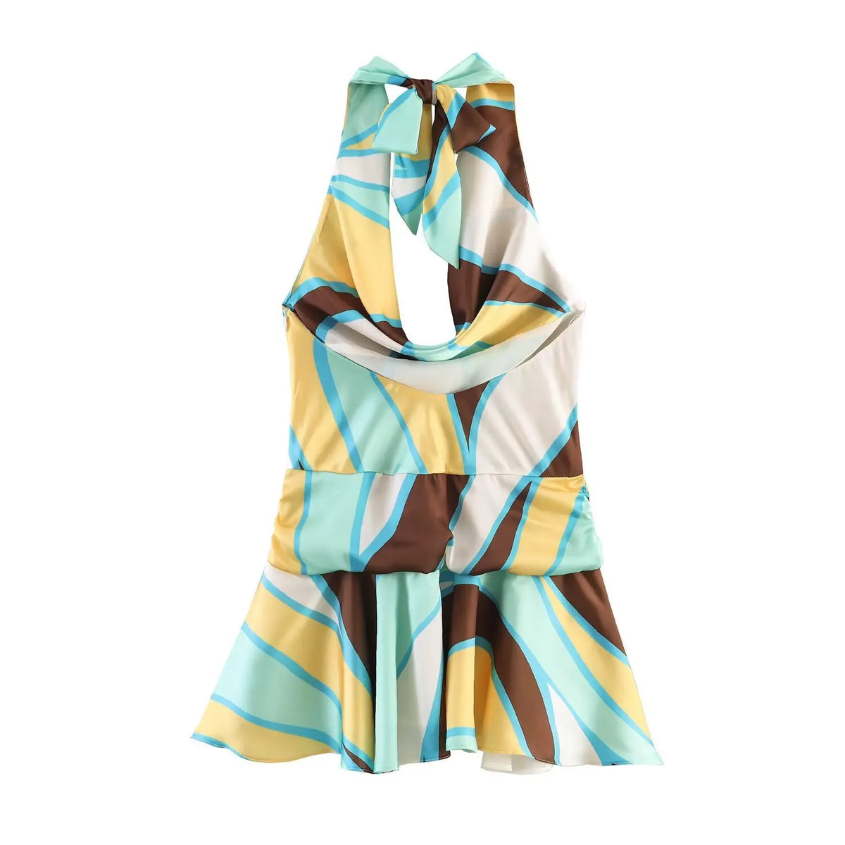 Abstract print halter mini dress back view, halter tie closure, side zipper, ruffle hem on white background