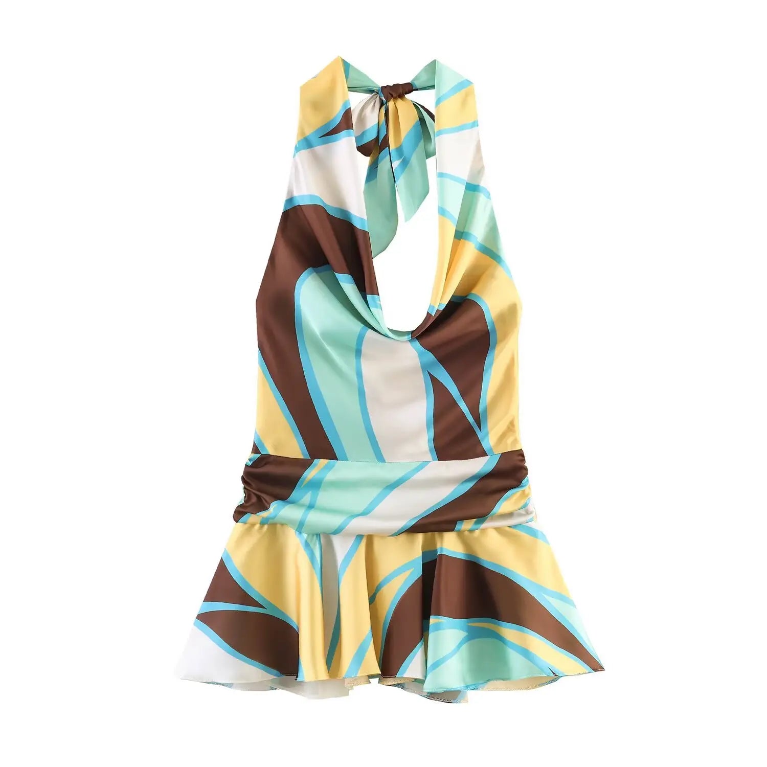 Abstract geometric print halter mini dress, cowl neck, tie back, ruffle hem, studio front shot white background