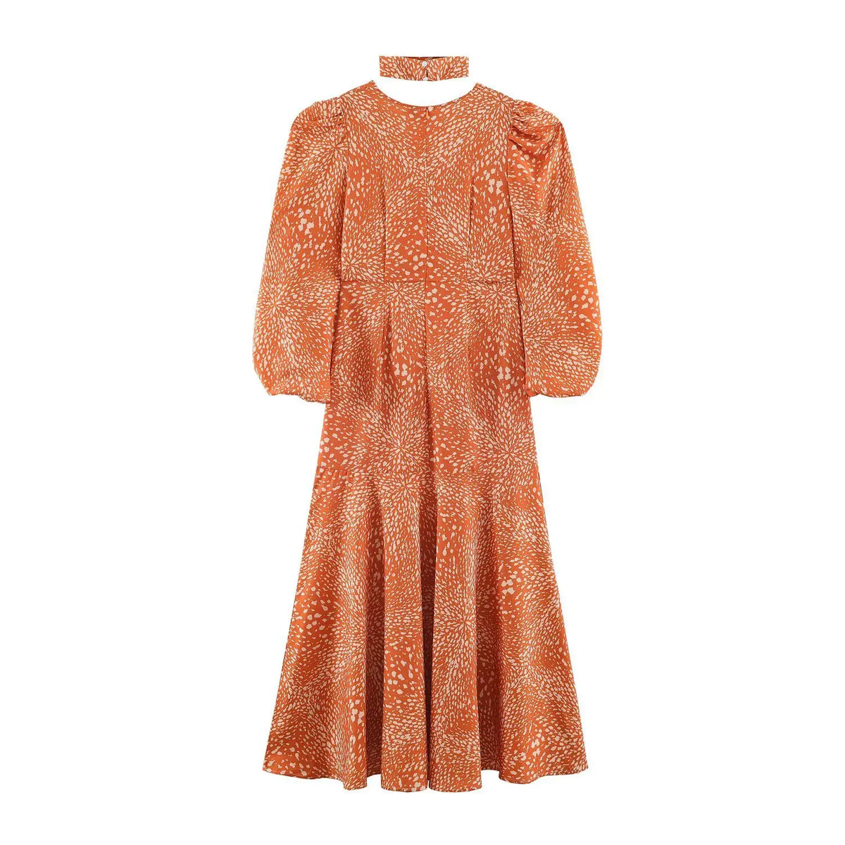 Back view of abstract print maxi dress, orange speckled print, back zipper, puff long sleeves, flowy ruffle hem