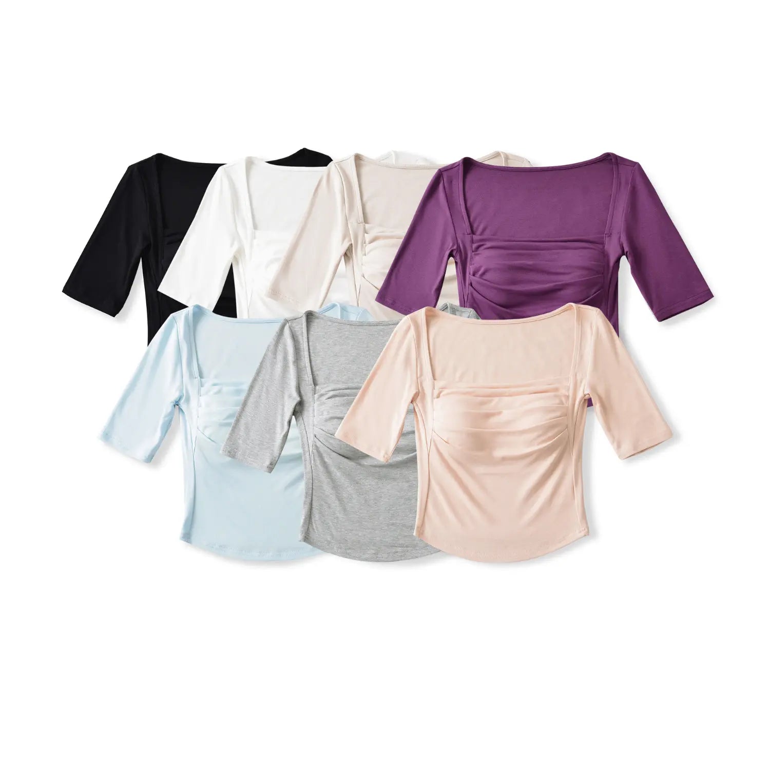7 colors square neck ruched bust midi sleeve crop tops flat lay shot, stretch built-in bra women casual fitted tee