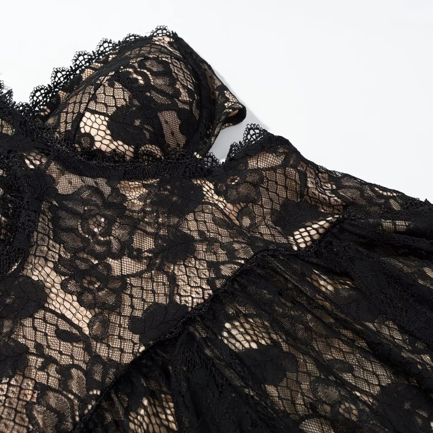 All-over vintage big floral hollow lace fabric macro flat close-up, raised embroid texture lightweight drape spring summer party dress cloth shot