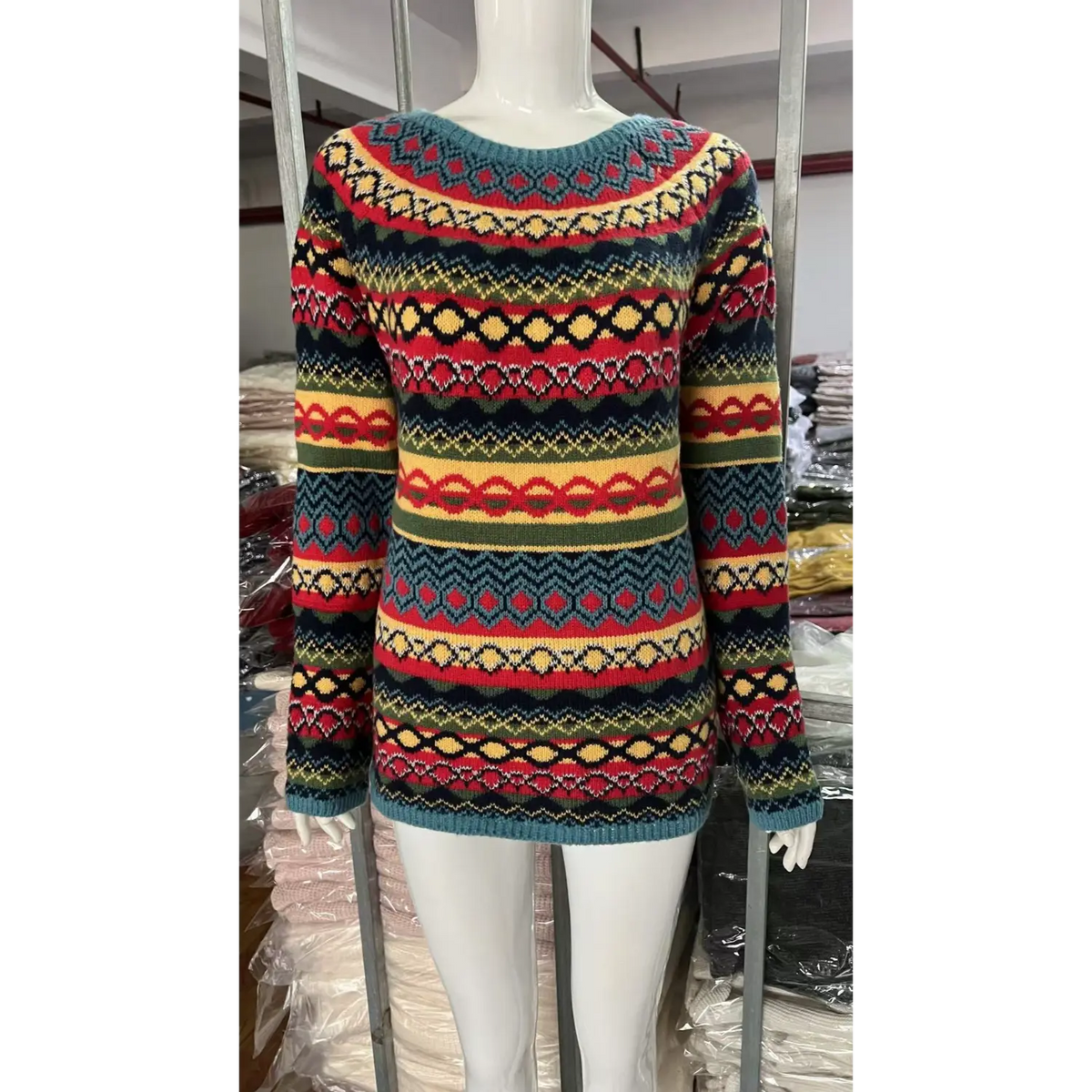 Front view of allover fair isle striped knit sweater on mannequin