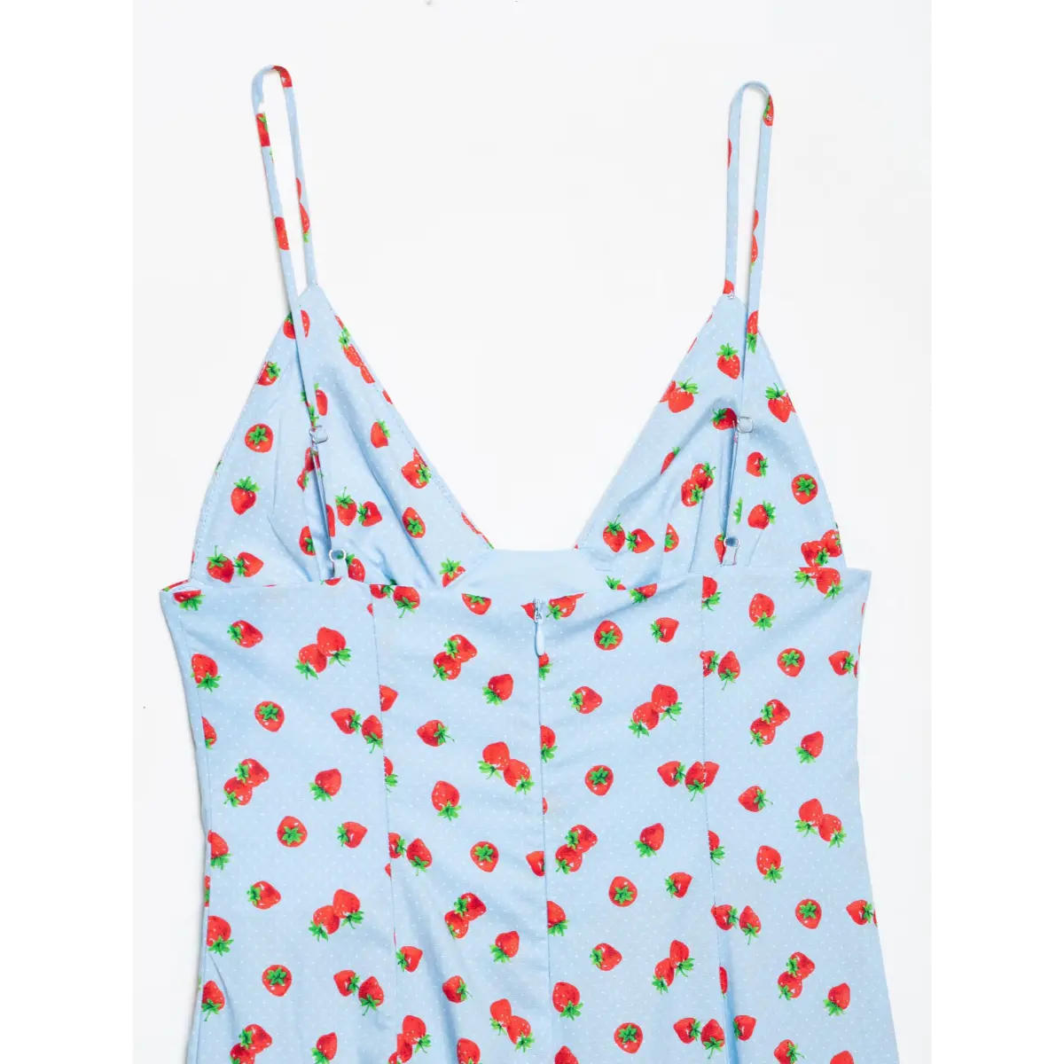 Close view blue base red strawberry & mini dot allover woven textile